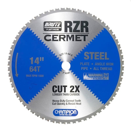 Brute Platinum 14in Brute RZR Cermet Tipped Circular Saw Blades for Steel, 64 Teeth, 1in Arbor CHA RZR-14-64-S